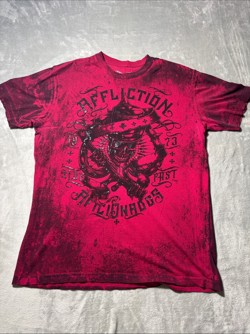 Affliction Men's Magenta Distressed Graphic Tee with Black Print